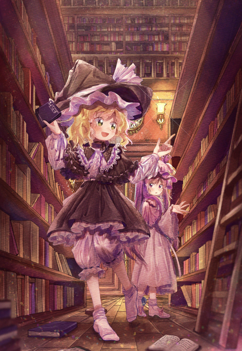 2girls, absurdres, age_regression, black_dress, black_headwear, blonde_hair, bloomers, book