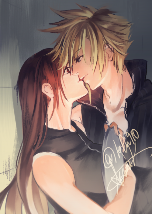 1boy, 1girl, bare_shoulders, black_hair, blonde_hair, blue_eyes, breasts, brown_hair