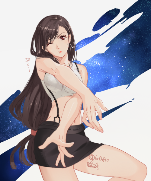 1girl, bare_shoulders, black_hair, black_skirt, breasts, brown_hair, earrings, final_fantasy