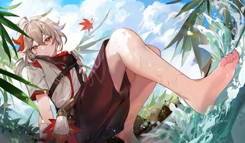 1boy, absurdres, armor, bandaged_hand, bandages, bare_legs, barefoot, belt