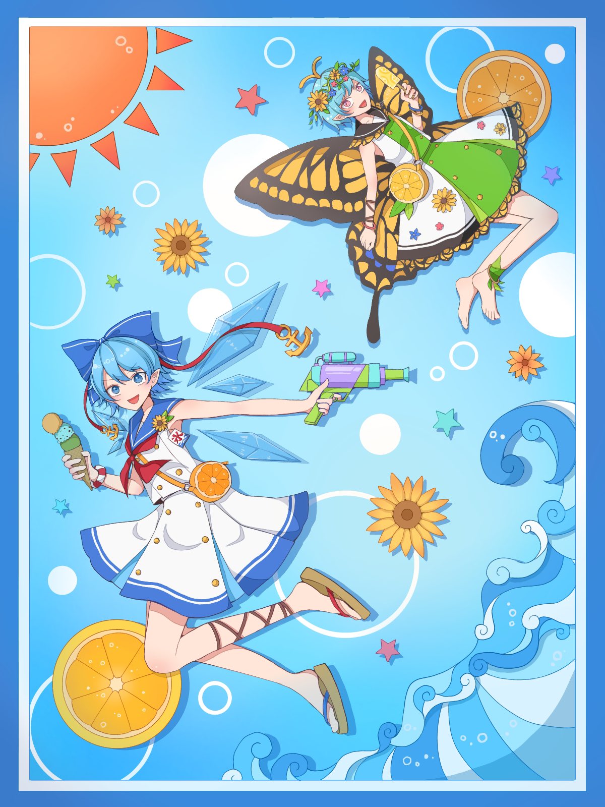 2girls, alternate_costume, antennae, aqua_hair, barefoot, blue_eyes, blue_hair, blush