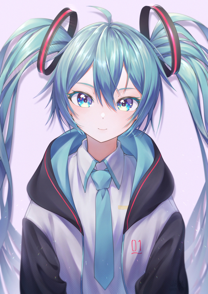 1girl, absurdres, aqua_eyes, aqua_hair, ayabuchi, bangs, hair_ornament, hatsune_miku, highres, hood, hooded_jacket, jacket, long_hair, looking_at_viewer, necktie, smile, twintails, very_long_hair, vocaloid
