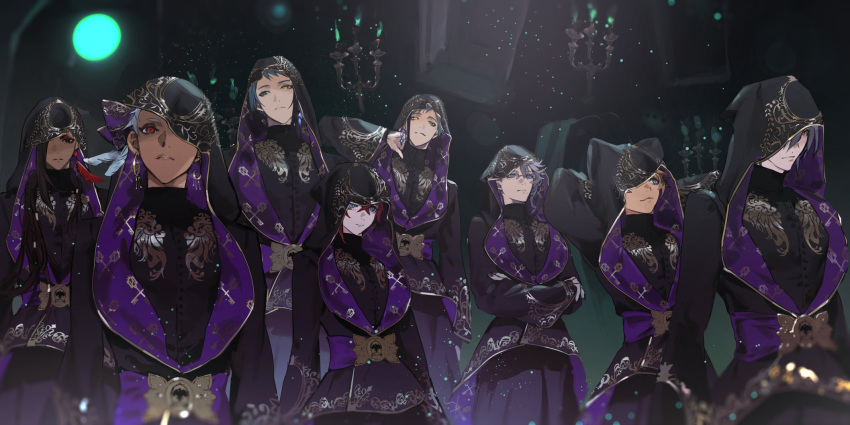 6+boys, animal_ears, arm_at_side, arms_at_sides, arms_behind_head, azul_ashengrotto, bangs, belt