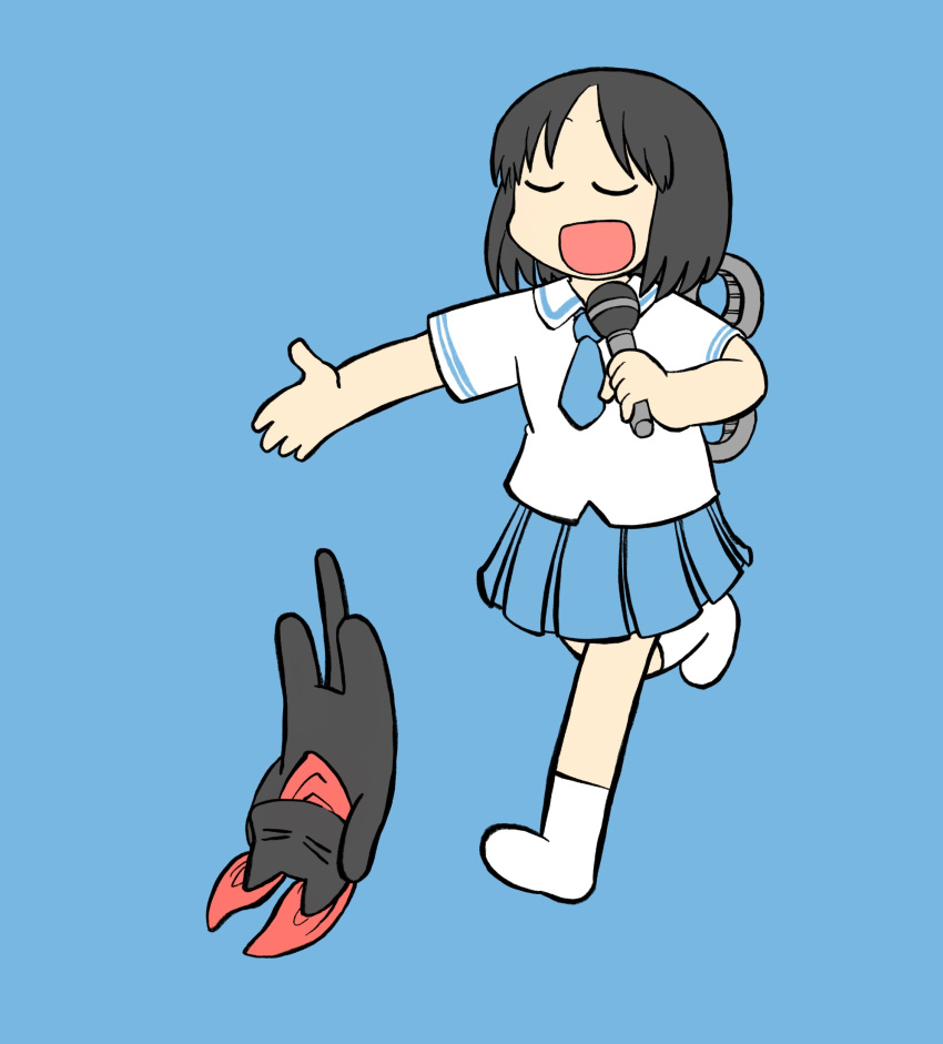 1girl, arawi_keiichi, black_hair, blue_background, blue_necktie, blue_skirt, cat, closed_eyes