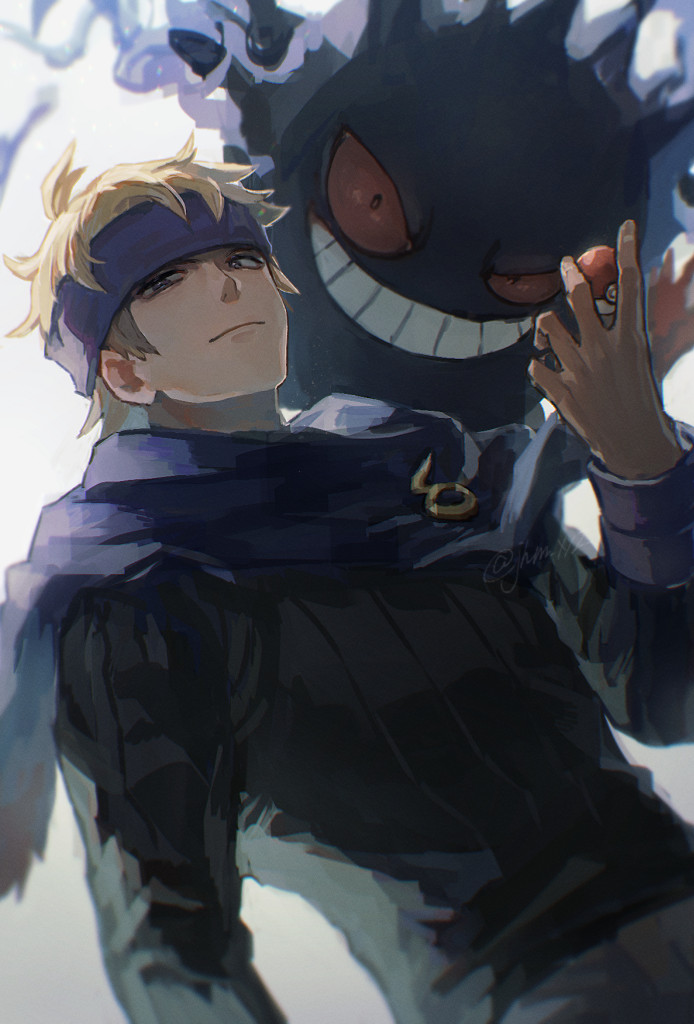 1boy, bangs, black_sweater, blonde_hair, closed_mouth, commentary_request, gengar, grey_pants, hand_up, headband, holding, holding_poke_ball, jhm_xyz, long_sleeves, male_focus, morty_(pokemon), pants, poke_ball, poke_ball_(basic), pokemon, pokemon_(creature), pokemon_(game), pokemon_hgss, purple_headband, purple_scarf, scarf, short_hair, sweater, white_background