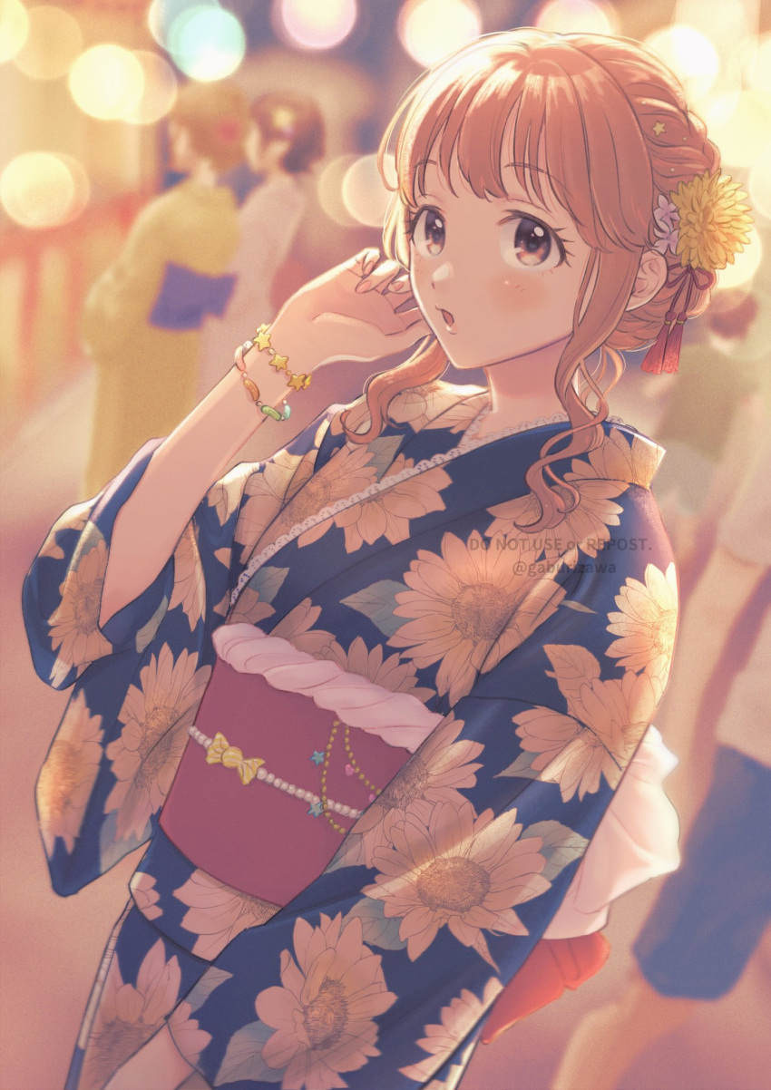 2boys, 3girls, artist_name, bangs, blue_kimono, brown_eyes, brown_hair, commentary_request