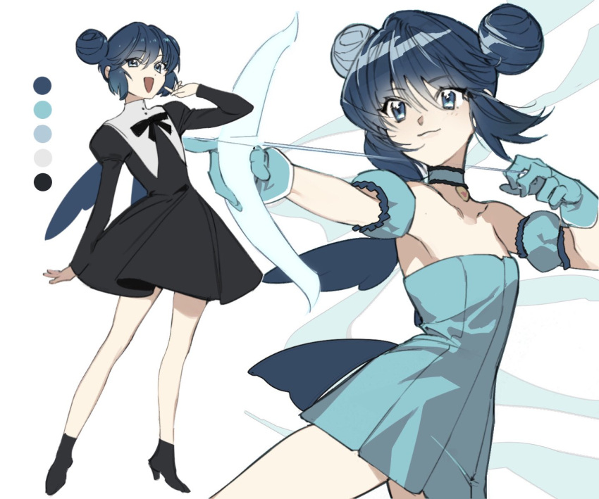 1girl, aizawa_mint, black_dress, black_footwear, blue_eyes, blue_hair, bow_(weapon), choker
