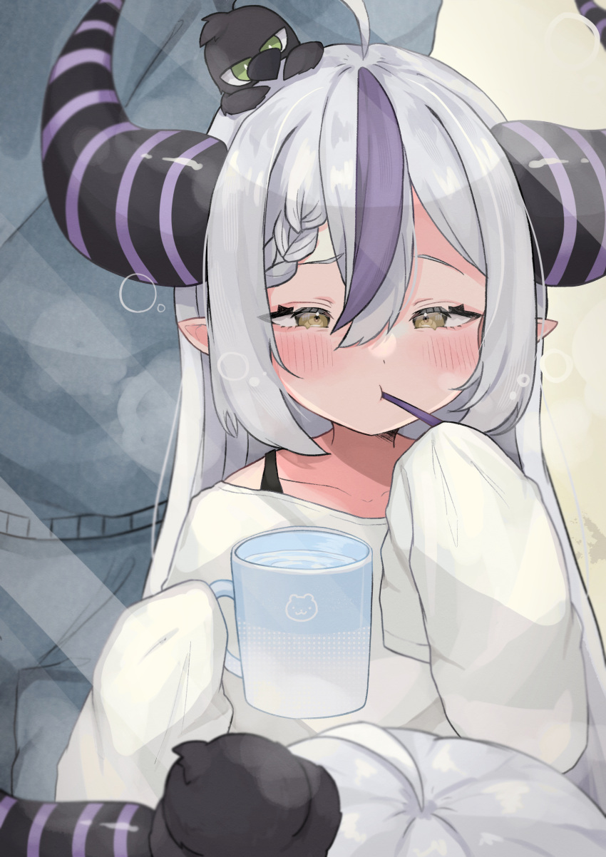 1girl, 1other, absurdres, bird, blush, braid, brushing_teeth, crow_(la+_darknesss)
