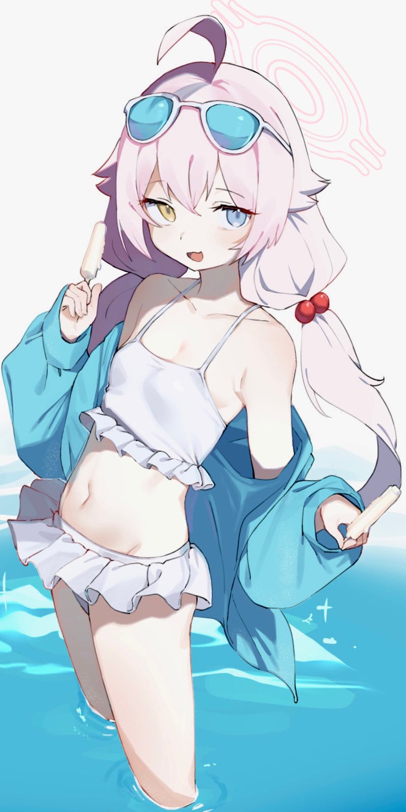 1girl, ahoge, armpit_crease, bangs, bikini, blue_archive, blue_eyes, blue_jacket, collarbone, eyewear_on_head, flat_chest, food, frilled_bikini, frills, hair_between_eyes, hair_bobbles, hair_ornament, halo, heterochromia, highres, hoshino_(blue_archive), hoshino_(swimsuit)_(blue_archive), hufy, jacket, jacket_over_swimsuit, looking_at_viewer, low_twintails, navel, official_alternate_costume, open_clothes, open_jacket, petite, pink_hair, popsicle, revision, smile, solo, stomach, sunglasses, swimsuit, twintails, wading, white_bikini, yellow_eyes