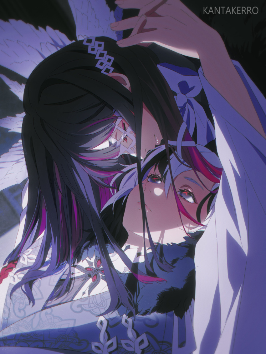 2girls, absurdres, arlecchino_(genshin_impact), artist_name, black_hair, closed_eyes, columbina_(genshin_impact), eye_mask