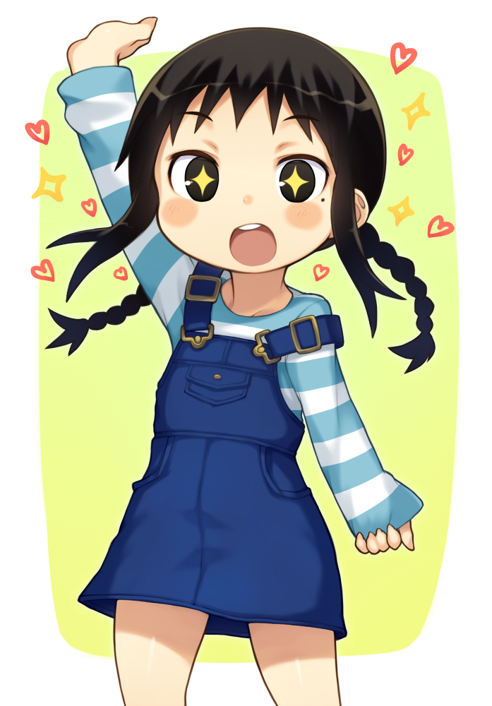 1girl, :o, aqua_shirt, arm_up, bachera, bangs, black_eyes, black_hair, blue_dress, blue_skirt, blush, border, braid, braided_ponytail, buckle, child, denim, denim_skirt, dot_nose, dress, female_child, green_background, heart, mitsudomoe, mole, mole_under_eye, ogata_airi, open_mouth, pocket, shirt, sidelocks, simple_background, skirt, skirt_set, smile, solo, sparkle, sparkling_eyes, standing, strap_slip, striped, striped_shirt, teeth, twintails, two-tone_shirt, white_border, white_shirt