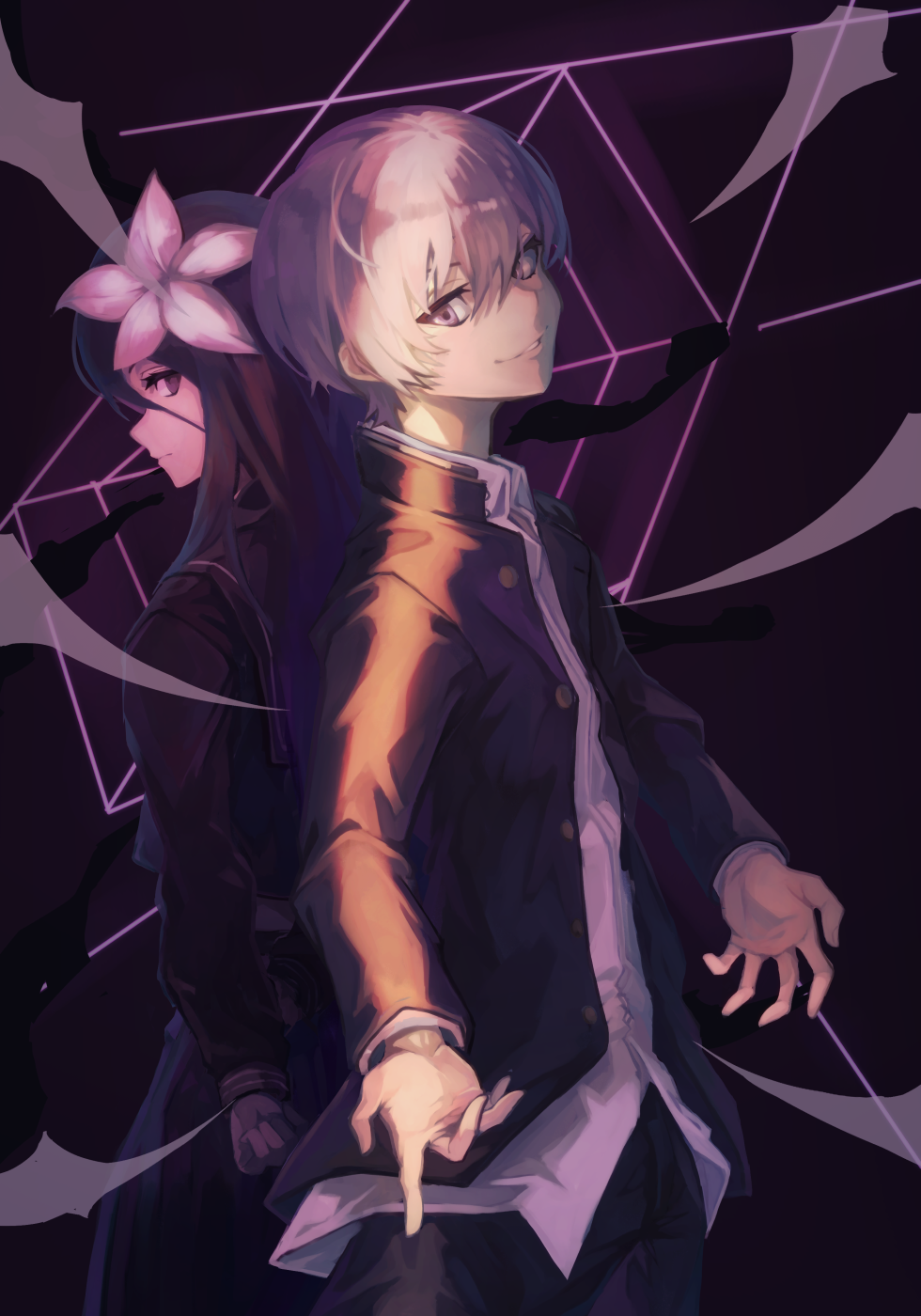 1boy, 1girl, back-to-back, black_serafuku, byakuya_(under_night_in-birth), dress, dress_shirt, flower