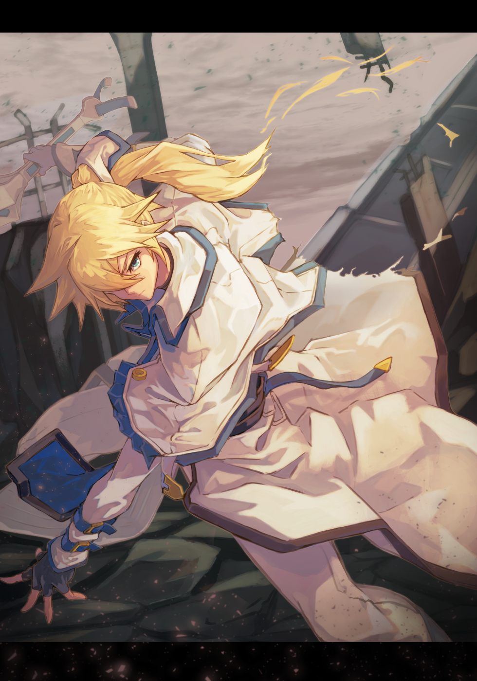 1boy, belt, black_gloves, blonde_hair, blue_eyes, character_name, fighting_stance, fingerless_gloves