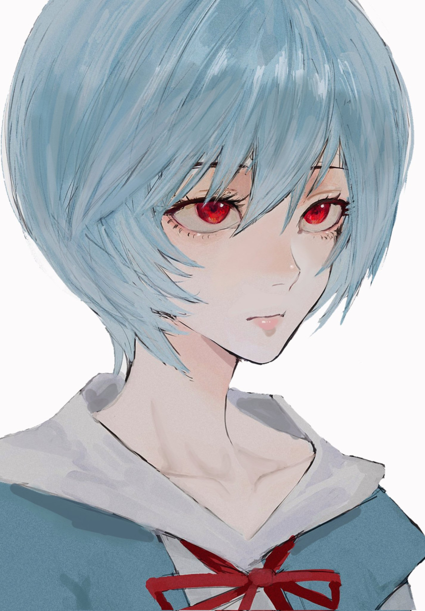 1girl, blue_hair, cat_helper, closed_mouth, collarbone, eyelashes, film_grain, grey_background, hair_between_eyes, highres, light_blue_hair, long_eyelashes, neon_genesis_evangelion, pink_lips, red_eyes, red_ribbon, ribbon, short_hair, simple_background, solo, upper_body