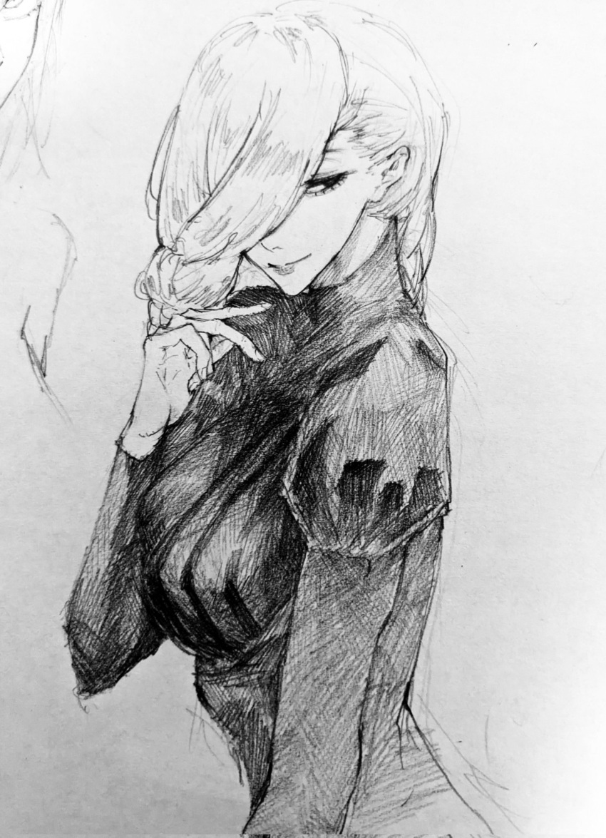 1girl, 2girls, cat_helper, closed_mouth, eyelashes, fingernails, greyscale, hair_over_one_eye