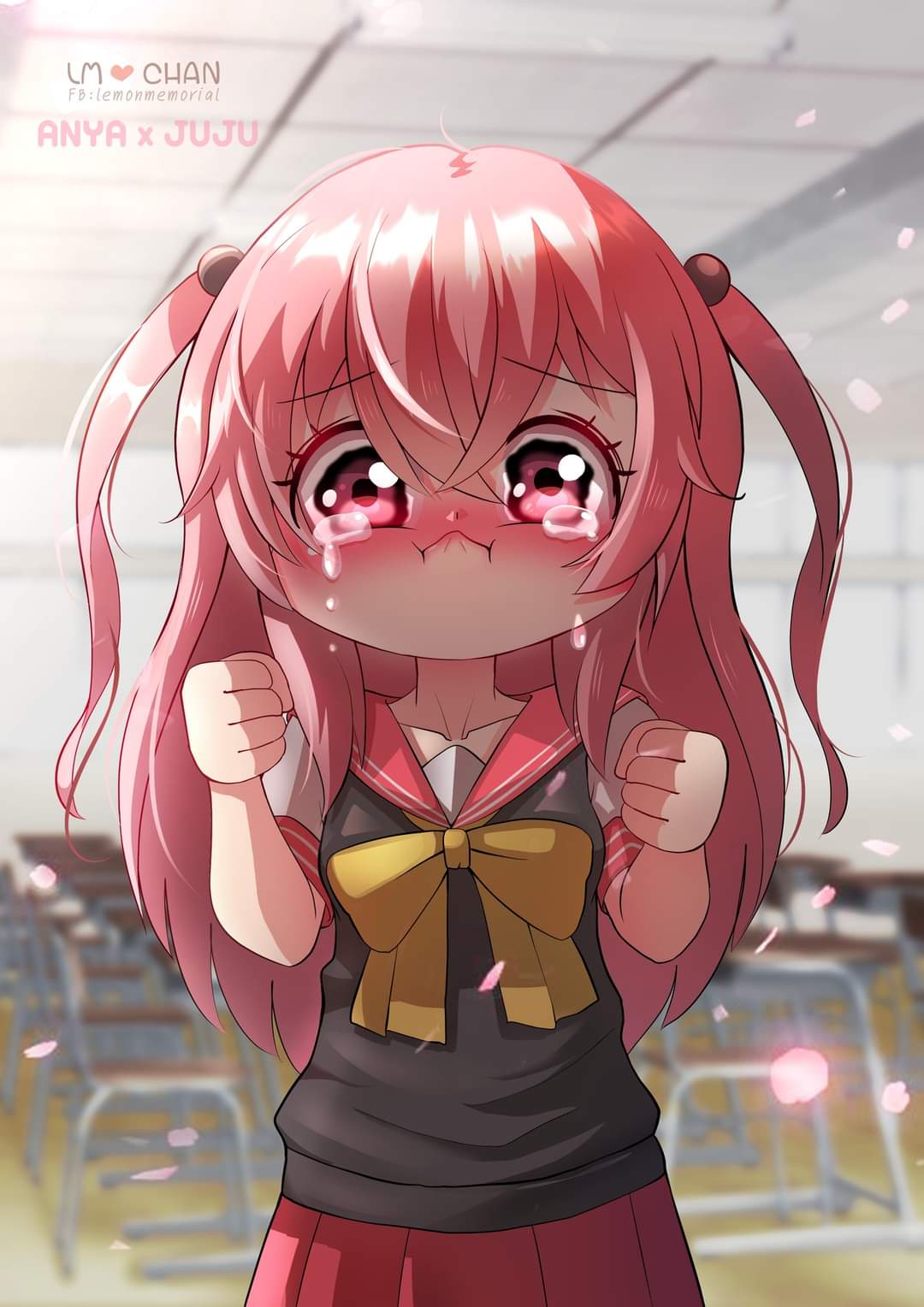 1girl, anya_(spy_x_family), artist_request, bow, bowtie, crying, female_child, highres, juju, lm_chan, long_hair, parody, pink_eyes, pink_hair, red_skirt, school_uniform, skirt, spy_x_family, tears