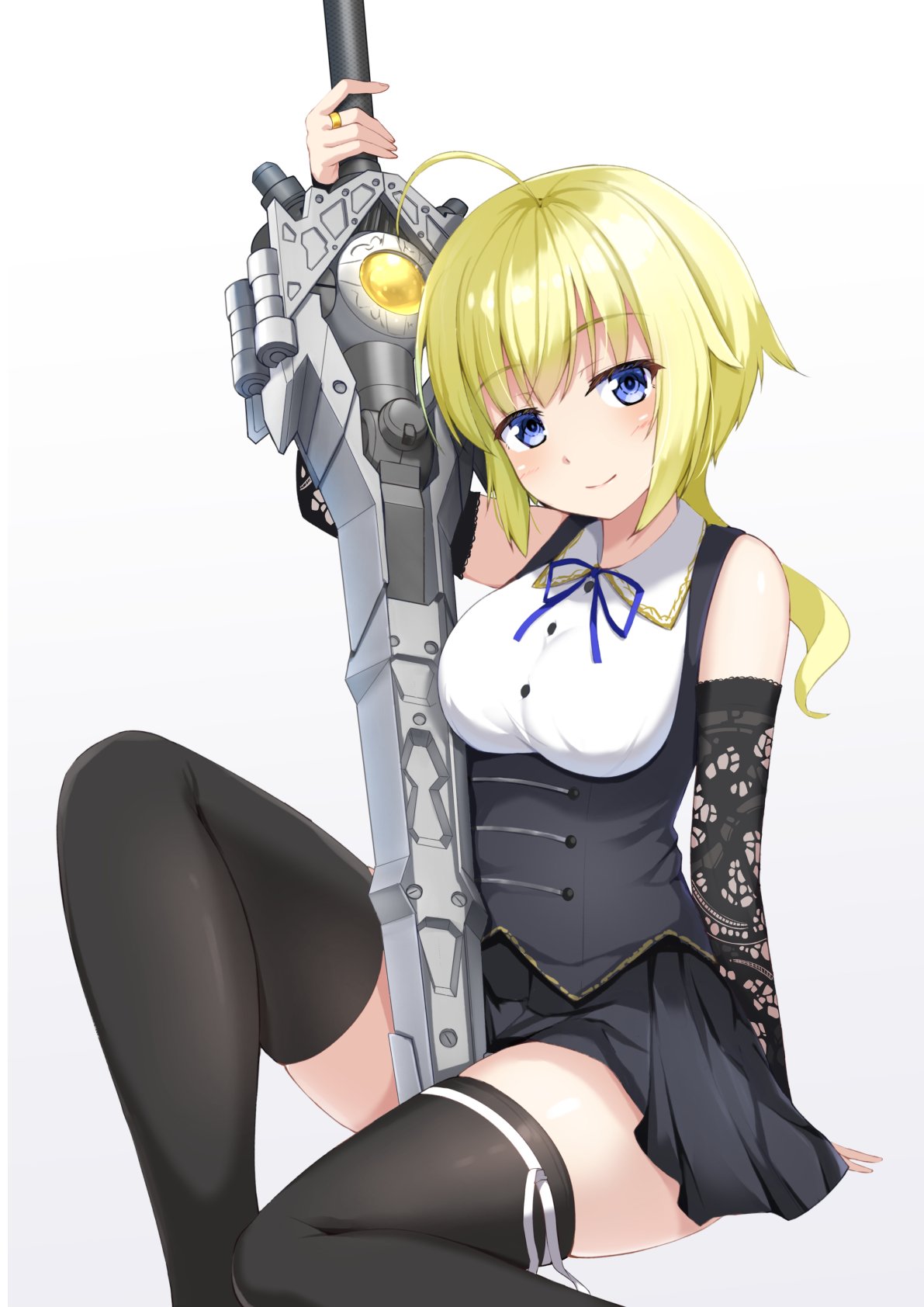 1girl, ahoge, amano_soraha, arm_behind_back, arm_up, assault_lily, bangs, bare_shoulders