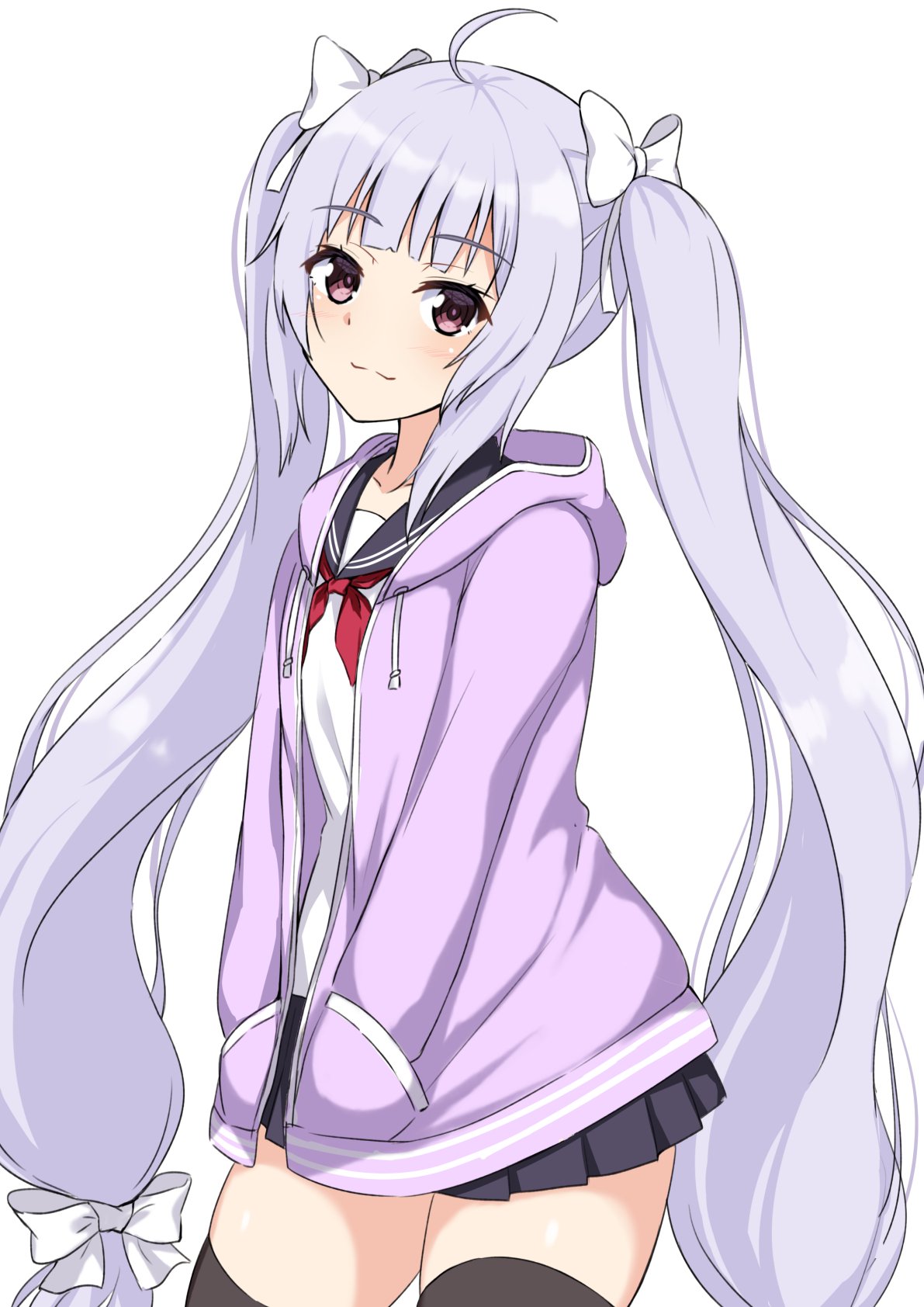 1girl, :3, assault_lily, bangs, black_skirt, black_thighhighs, blue_sailor_collar, blunt_bangs, bow, closed_mouth, commentary_request, cowboy_shot, drawstring, grey_hair, gungun_(hakutou7887), hair_bow, hands_in_pockets, highres, hood, hood_down, hoodie, light_blush, light_smile, long_hair, long_sleeves, looking_at_viewer, miniskirt, miriam_hildegard_von_gropius, neckerchief, open_clothes, open_hoodie, pleated_skirt, pocket, purple_hoodie, red_neckerchief, sailor_collar, school_uniform, serafuku, shirt, simple_background, skirt, solo, standing, thigh-highs, twintails, very_long_hair, violet_eyes, white_background, white_bow, white_shirt, zettai_ryouiki