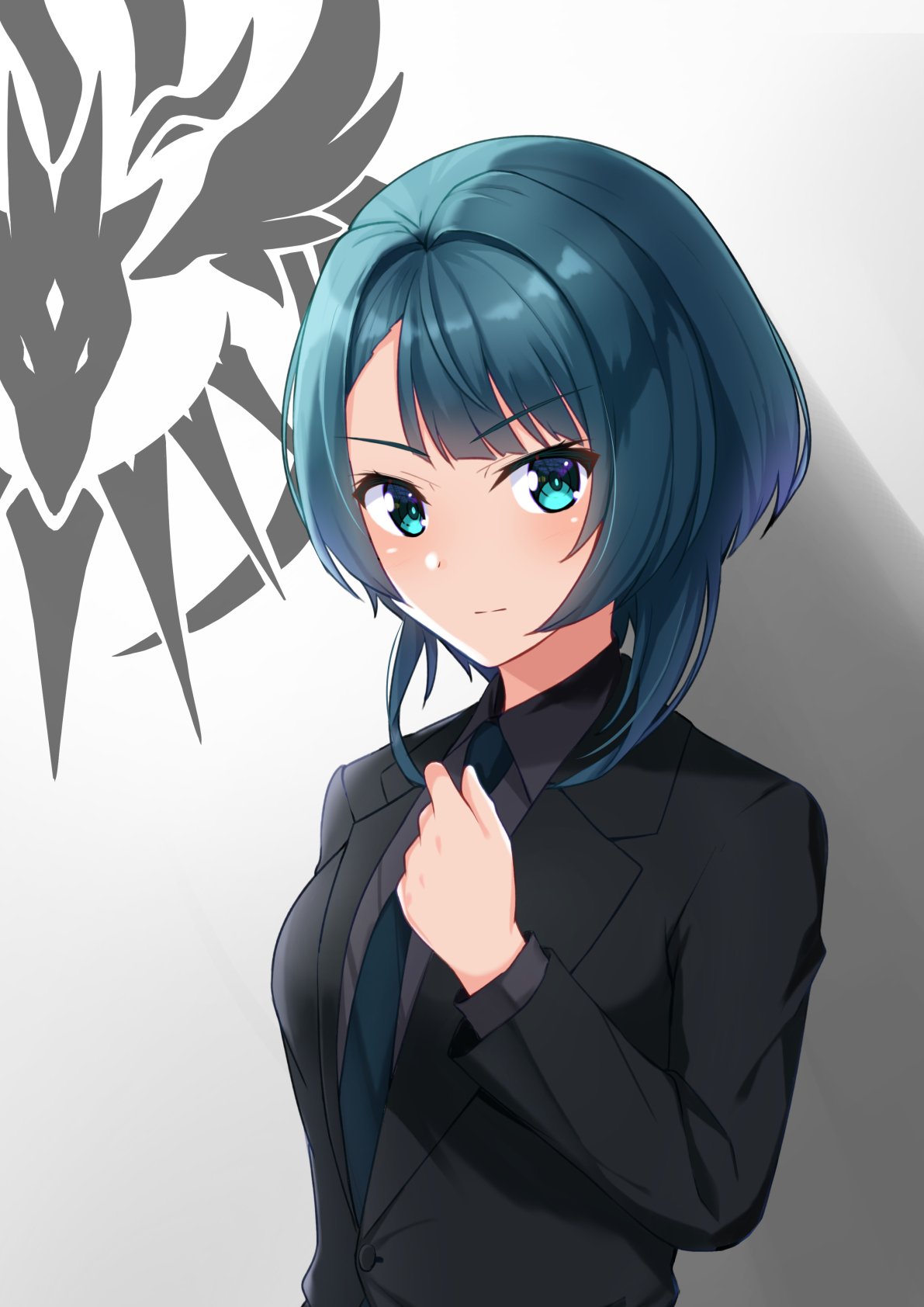 1girl, aizawa_kazuha, assault_lily, bangs, black_jacket, blue_eyes, blue_hair, blue_necktie
