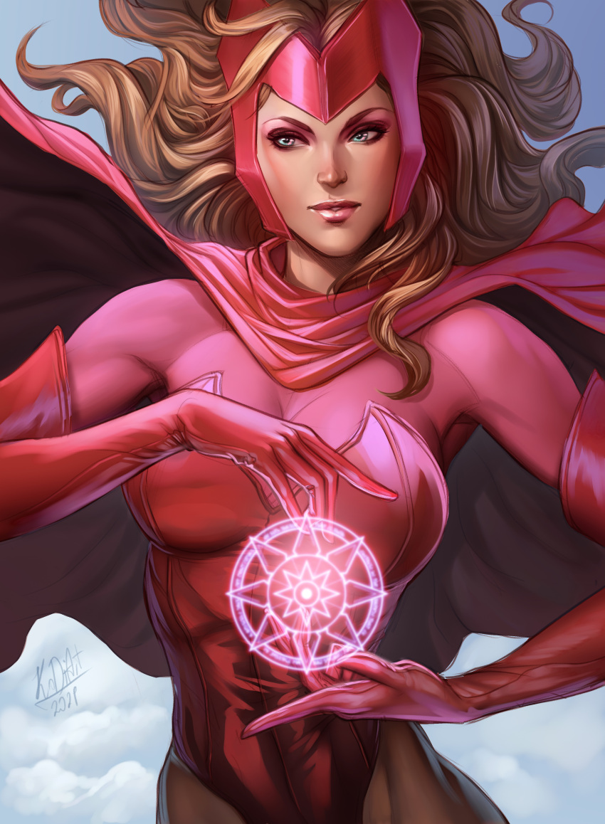 1girl, absurdres, artist_name, blue_eyes, bodysuit, breasts, brown_hair, cape, closed_mouth, clouds, cloudy_sky, commentary, dated, day, elbow_gloves, gloves, headpiece, highres, kodiart96, leotard, lips, lipstick, loincloth, long_hair, magic, makeup, marvel, medium_breasts, outdoors, pink_bodysuit, red_cape, red_gloves, red_leotard, scarlet_witch, signature, simple_background, skin_tight, sky, solo, strapless, strapless_leotard, upper_body, wanda_maximoff