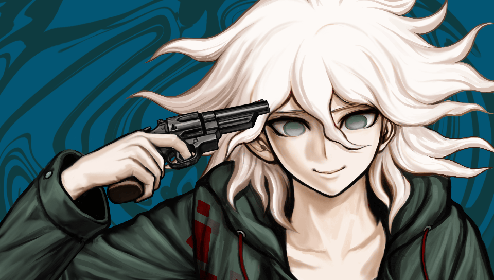 1boy, aiming, bangs, blue_eyes, danganronpa_(series), danganronpa_2:_goodbye_despair, empty_eyes, finger_on_trigger