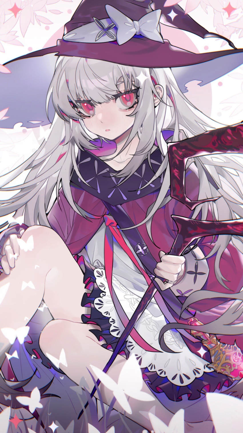 1girl, bangs, bug, butterfly, chinese_commentary, commentary_request, frills, grey_hair, hat, highres, long_hair, looking_at_viewer, parted_lips, red_eyes, revived_witch, shaojiuu, solo, staff, witch_(revived_witch), witch_hat