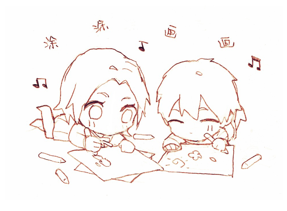1boy, 1girl, bangs, chinese_commentary, chinese_text, closed_eyes, commentary_request, crayon