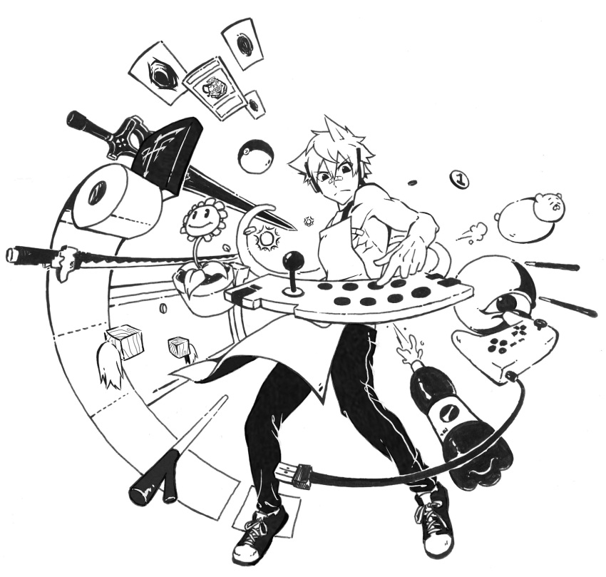 1boy, animal_ears, apron, arcade_stick, bandaid, bandaid_on_face, bandaid_on_nose, bare_shoulders