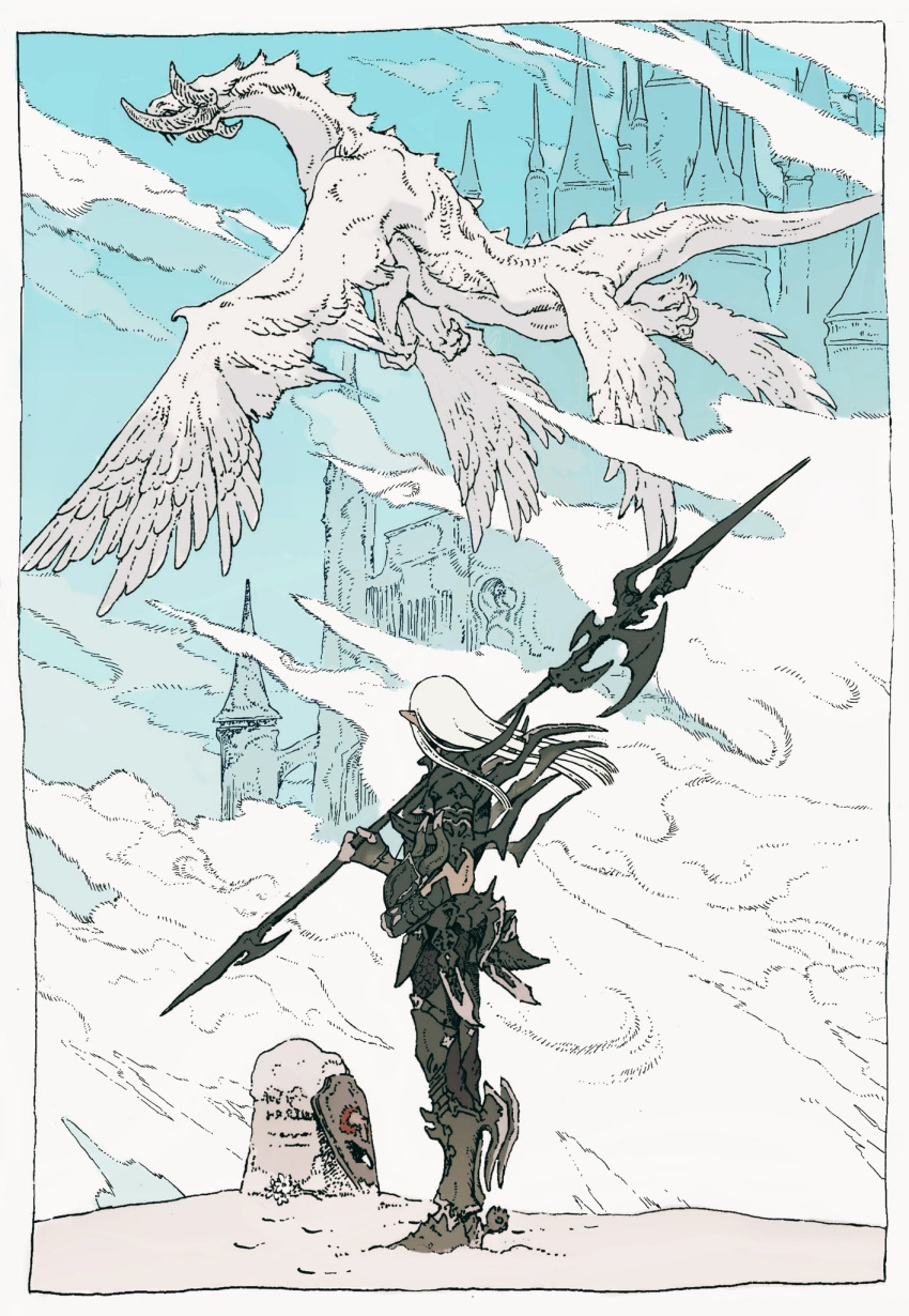1boy, armor, black_armor, black_gloves, border, dragon, dragoon_(final_fantasy), elezen