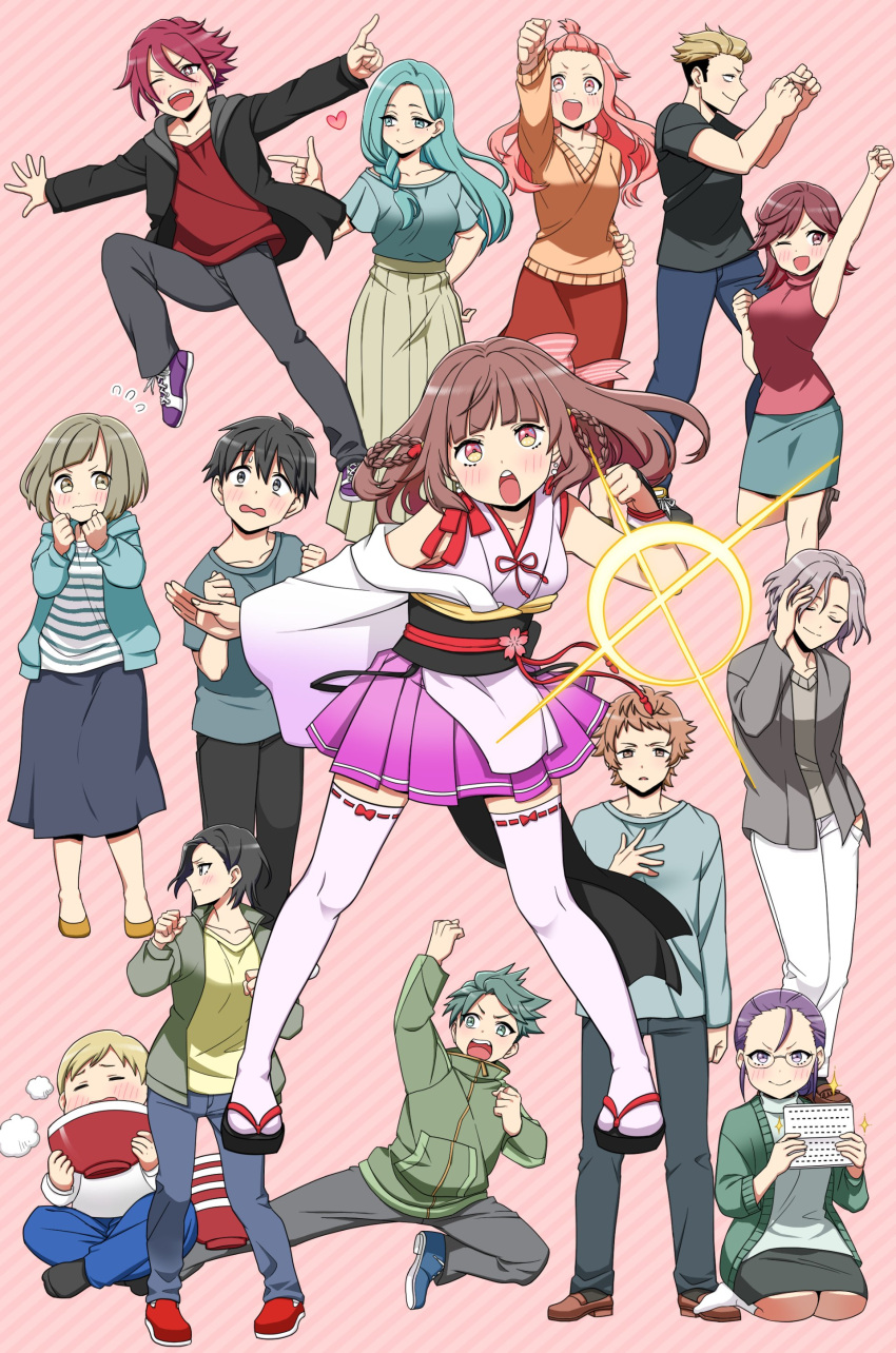 6+boys, 6+girls, absurdres, akamatsu_(etra-chan_wa_mita!), akane_(etra-chan_wa_mita!), aqua_eyes, aqua_hair, aqua_jacket, aqua_shirt, aqua_skirt, arm_up, azami_(etra-chan_wa_mita!), bangs, black_eyes, black_hair, black_hoodie, black_pants, black_shirt, black_socks, blonde_hair, blue_footwear, blue_pants, blue_shirt, blue_skirt, blunt_bangs, blush, bowl, braid, brown_eyes, brown_footwear, brown_hair, cardigan, closed_eyes, closed_mouth, collarbone, commentary_request, etra-chan_wa_mita!, etra_(etra-chan_wa_mita!), everyone, forehead, full_body, glasses, green_cardigan, green_eyes, green_hair, green_jacket, green_skirt, grey_jacket, grey_pants, grey_sweater, hair_between_eyes, hand_in_pocket, hand_on_hip, heart, highres, hiiragi_(etra-chan_wa_mita!), holding, holding_bowl, holding_notepad, hood, hoodie, jacket, john_(etra-chan_wa_mita!), karin_(etra-chan_wa_mita!), katsura_(etra-chan_wa_mita!), kicking, kuroki_(etra-chan_wa_mita!), leg_up, light_brown_hair, long_hair, long_skirt, long_sleeves, looking_at_viewer, multiple_boys, multiple_girls, notepad, nyako_(lhq3p), one_eye_closed, open_cardigan, open_clothes, open_jacket, open_mouth, orange_sweater, pants, pink_eyes, pink_hair, pink_skirt, purple_footwear, purple_hair, red_eyes, red_footwear, red_shirt, red_skirt, redhead, seiza, shirt, shoes, short_hair, short_sleeves, single_braid, sitting, skirt, sleeveless, sleeveless_shirt, smile, sneakers, socks, sparkle, standing, striped, striped_shirt, sweater, tachibana_(etra-chan_wa_mita!), teeth, thigh-highs, tokusa_(etra-chan_wa_mita!), topknot, tsutsuji_(etra-chan_wa_mita!), upper_teeth, white_pants, white_shirt, white_socks, white_thighhighs, yellow_footwear, yellow_shirt, yuri_(etra-chan_wa_mita!), yuzuriha_(etra-chan_wa_mita!)