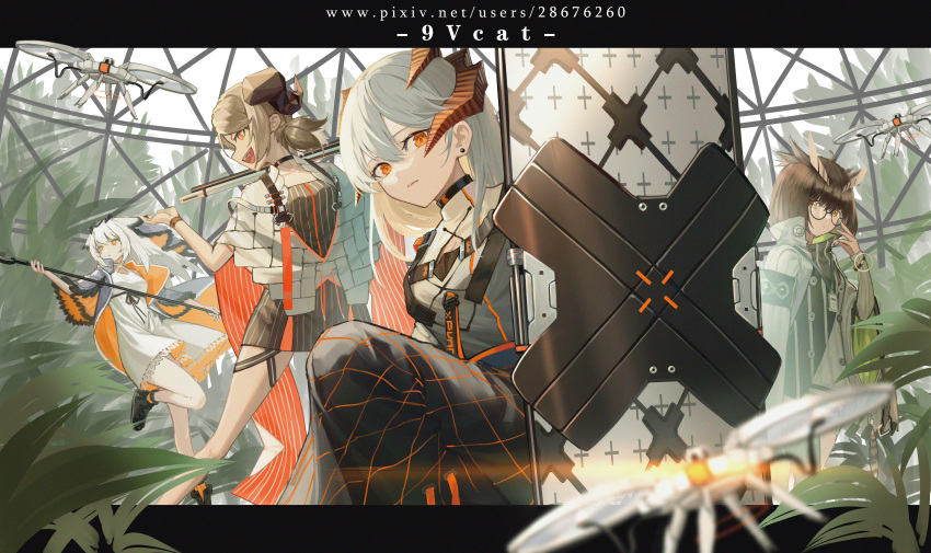 4girls, 9_vcat, :d, absurdres, adjusting_eyewear, animal_ears, argyle, argyle_skirt