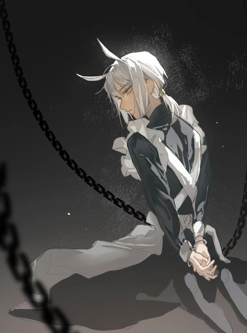 1boy, absurdres, apron, arm_behind_back, bishounen, chained_wrists, dress, frilled_dress