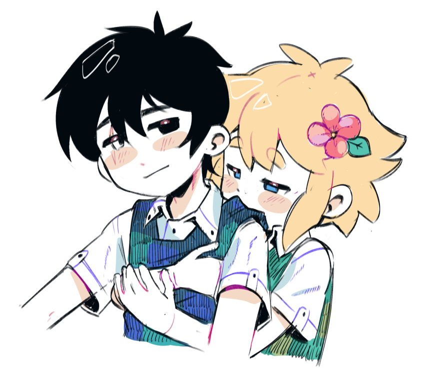 2boys, ahoge, aqua_eyes, basil_(omori), biting, biting_clothes, black_hair, blonde_hair, blue_eyes, collared_shirt, flower, hair_between_eyes, hair_flower, hair_ornament, highres, hug, hug_from_behind, multiple_boys, omori, pink_flower, remi_(mozzaremi), scar, scar_across_eye, shirt, sidelocks, smile, sunny_(omori), sweater_vest, white_background, yaoi