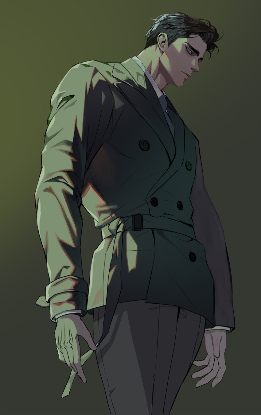 1boy, 1thousand9, absurdres, arms_at_sides, black_hair, coat, dress_shirt, formal, green_background, grey_pants, highres, looking_ahead, male_focus, muscular, muscular_male, original, pants, serious, shirt, short_hair, standing, trench_coat