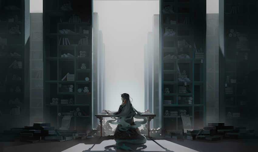 1girl, arknights, artist_request, black_hair, bookshelf, dragon_tail, dusk_(arknights), earrings