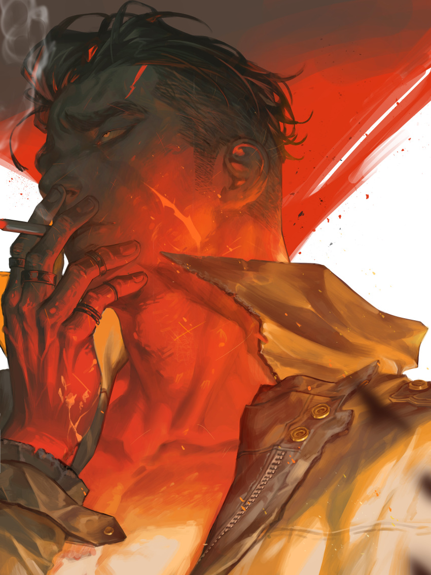 1boy, 1thousand9, absurdres, black_hair, cigarette, collarbone, collared_jacket, highres, jacket, jewelry, looking_afar, male_focus, manly, multiple_rings, no_shirt, orange_eyes, original, partially_colored, ring, scar, scar_on_cheek, scar_on_face, short_hair, sidecut, smoking