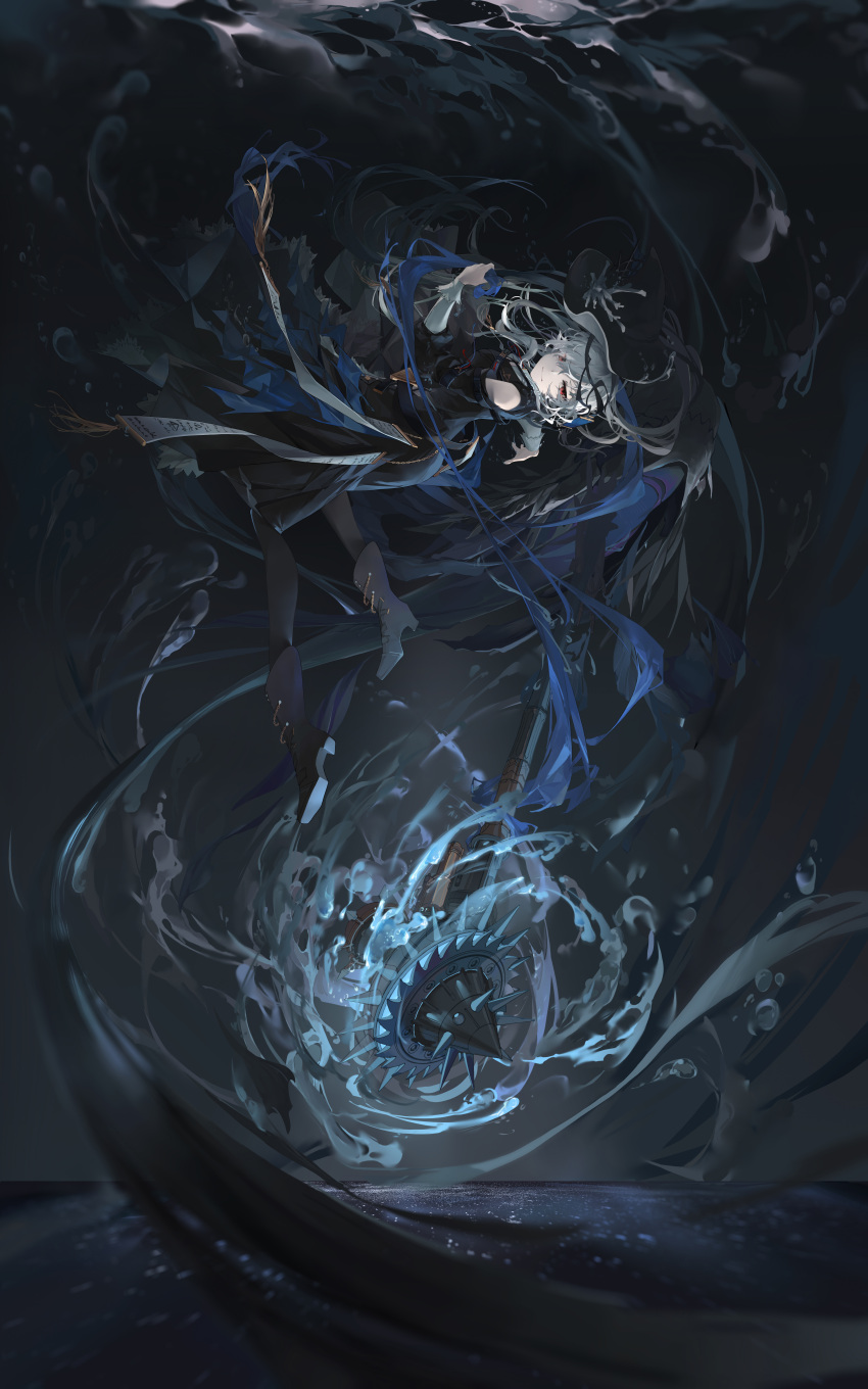 1girl, absurdres, ankle_boots, arknights, belt, black_dress, black_footwear, black_headwear, black_pantyhose, blue_ribbon, boots, chinese_commentary, circular_saw, closed_mouth, commentary_request, dress, floating, floating_hair, full_body, glowing, grey_hair, half-closed_eyes, hat, hat_loss, hat_ornament, highres, holding, layered_sleeves, light_smile, long_hair, long_sleeves, looking_at_viewer, looking_to_the_side, official_alternate_costume, pantyhose, red_eyes, ribbon, sleeve_cuffs, solo, specter_(arknights), specter_the_unchained_(arknights), tassel, underwater, very_long_hair, water, weapon, xing_hen