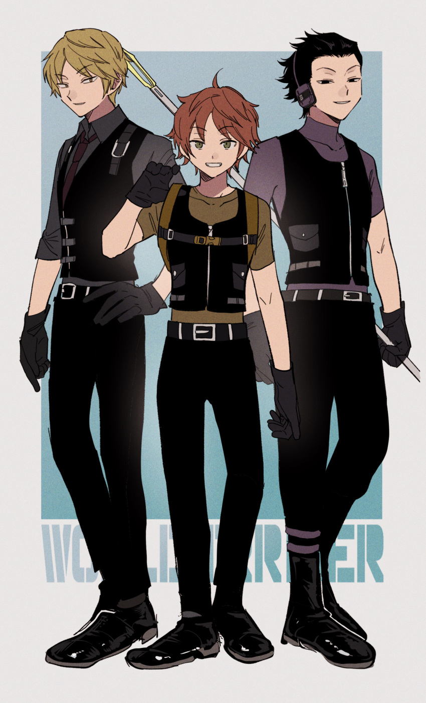 3boys, aoi_(yooo009), bangs, belt, black_footwear, black_hair, black_pants, black_vest
