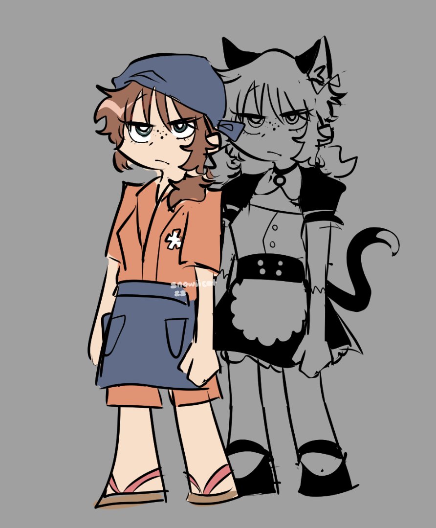 1girl, animal_ears, apron, artist_name, bandana, black_eyes, brown_hair, cat_ears