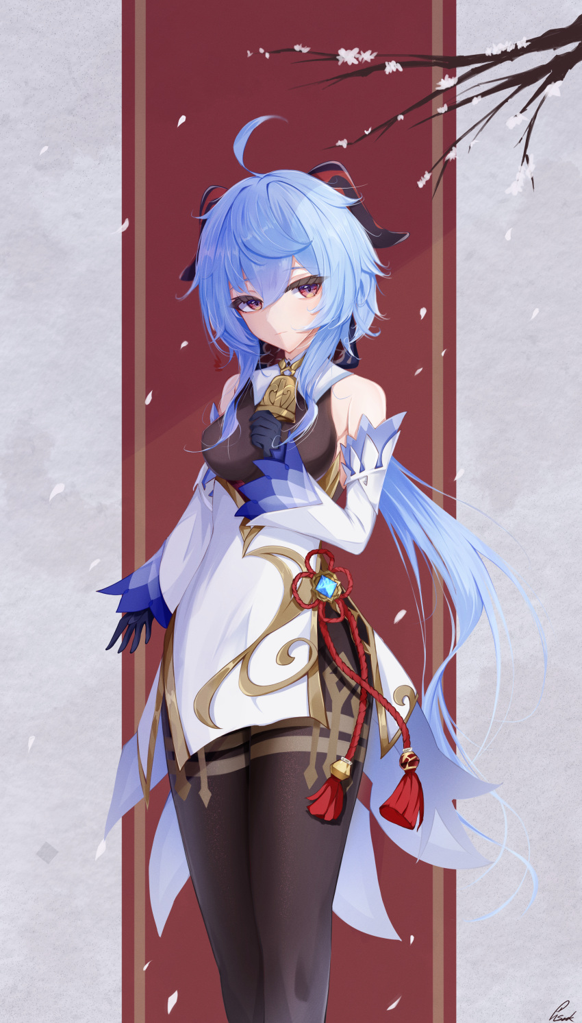 1girl, absurdres, ahoge, bangs, bare_shoulders, bell, black_gloves, black_pantyhose