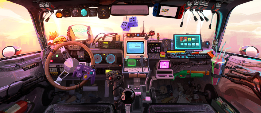 absurdres, atari_2600, buttons, car, car_interior, cityscape, cockpit, computer
