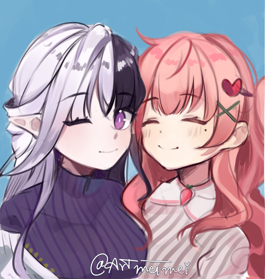 2girls, black_hair, blue_background, blush, closed_eyes, closed_mouth, collared_shirt, eileennoir, hair_ornament, heads_together, heart, heart_hair_ornament, highres, indie_virtual_youtuber, long_hair, mel_mei, merun_morino, multicolored_hair, multiple_girls, one_eye_closed, pink_hair, pointy_ears, portrait, purple_shirt, shirt, smile, split-color_hair, striped, striped_shirt, symbol-only_commentary, turtleneck, twitter_username, two-tone_hair, vertical-striped_shirt, vertical_stripes, violet_eyes, virtual_youtuber, white_hair, white_shirt, x_hair_ornament