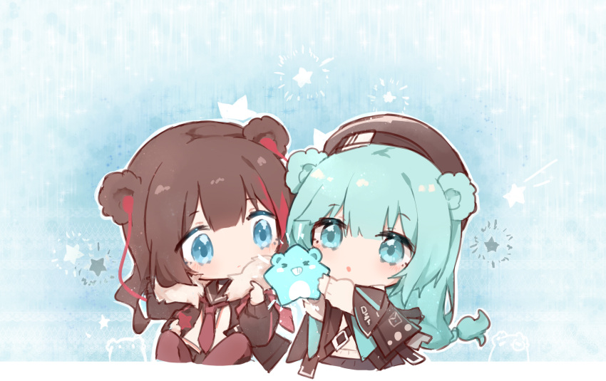 2girls, animal_ears, arknights, bear_ears, beret, black_skirt, blue_background, blue_eyes