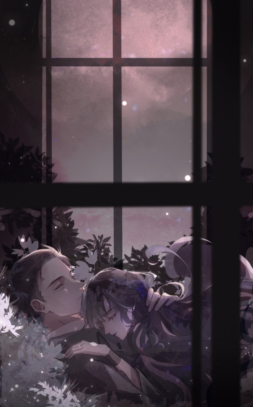 1boy, 1girl, absurdres, black_dress, black_jacket, bracer, bush, chinese_commentary