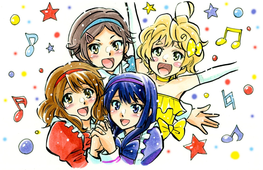 4girls, :d, arms_up, bangs, bare_shoulders, black_hair, blonde_hair, blush