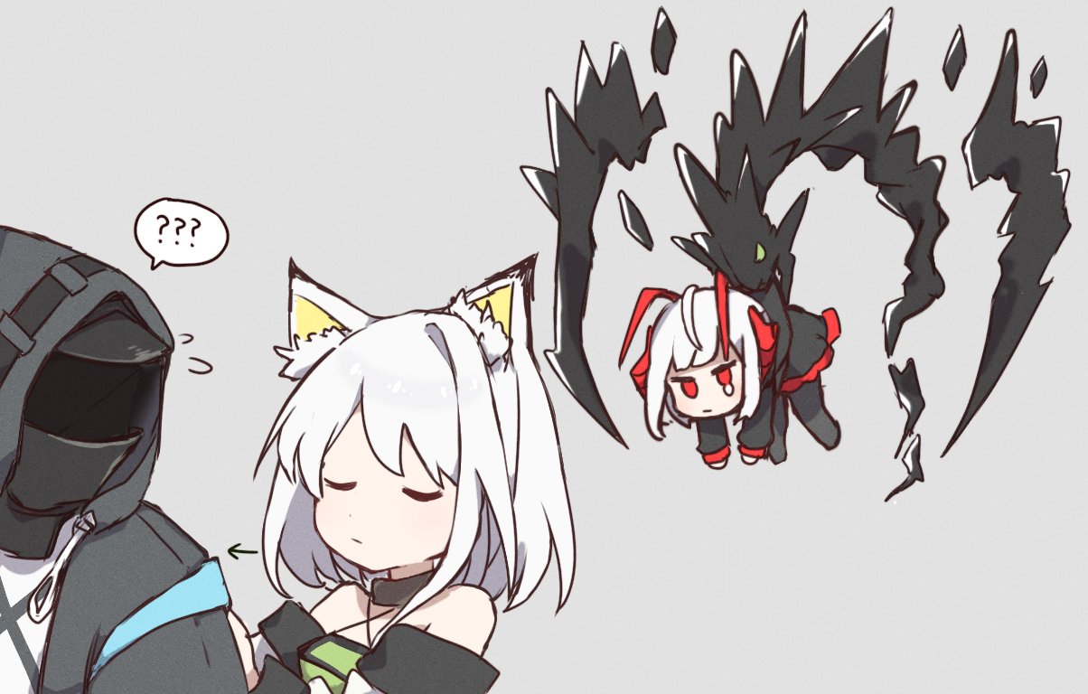 1other, 2girls, ?, ??, animal_ear_fluff, animal_ears, arknights, black_jacket