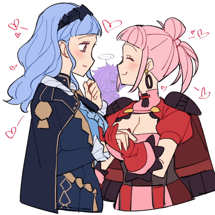 2girls, bags_under_eyes, bangs, blue_hair, blush, breasts, brown_eyes, chibi, closed_mouth, do_m_kaeru, fire_emblem, fire_emblem:_three_houses, fire_emblem_warriors:_three_hopes, hair_over_one_eye, hilda_valentine_goneril, large_breasts, long_hair, long_sleeves, marianne_von_edmund, multiple_girls, open_mouth, pink_eyes, pink_hair, shez_(fire_emblem), shez_(fire_emblem)_(male), short_hair, simple_background, smile, upper_body, white_background, yuri