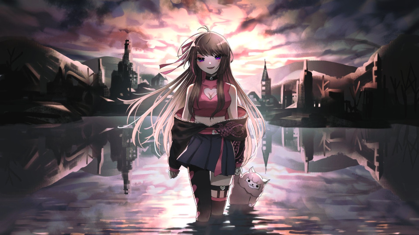1girl, asymmetrical_legwear, bare_shoulders, bare_tree, belt, black_choker, black_thighhighs, brown_hair