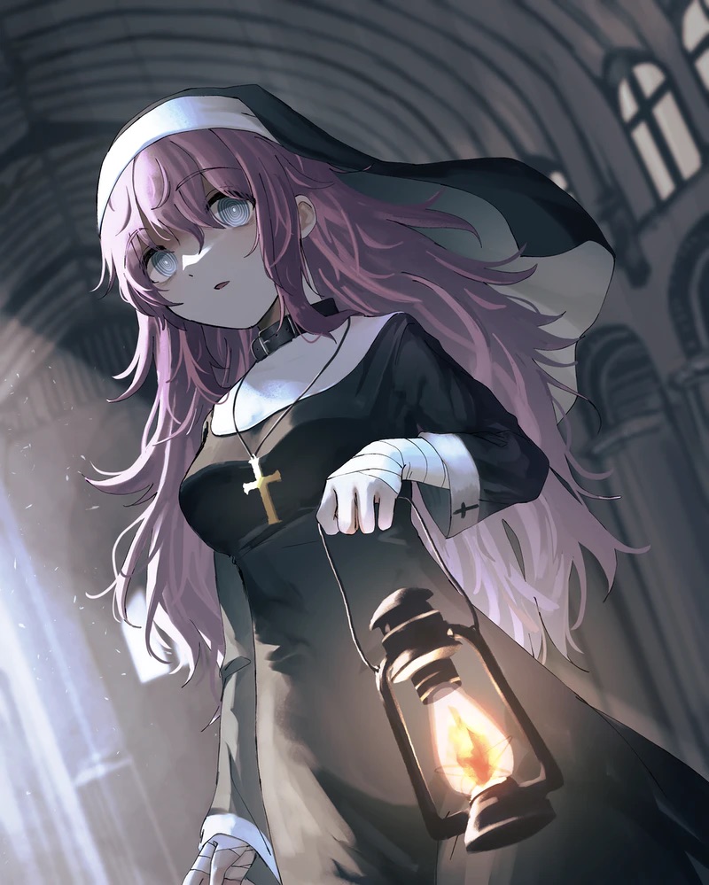 1girl, bandaged_arm, bandaged_hand, bandages, black_collar, black_dress, blurry, blurry_background