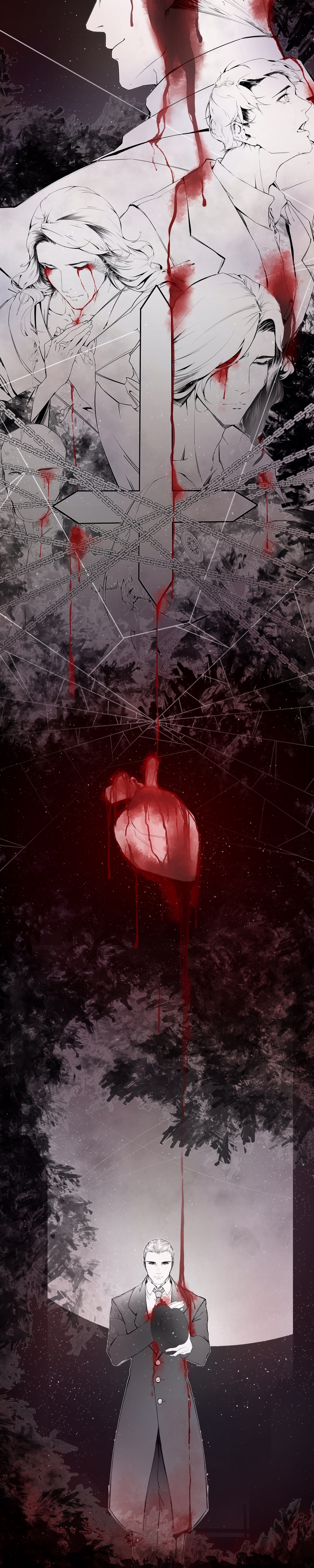 1girl, 4boys, absurdres, bangs, black_coat, black_pants, blood, blood_from_eyes